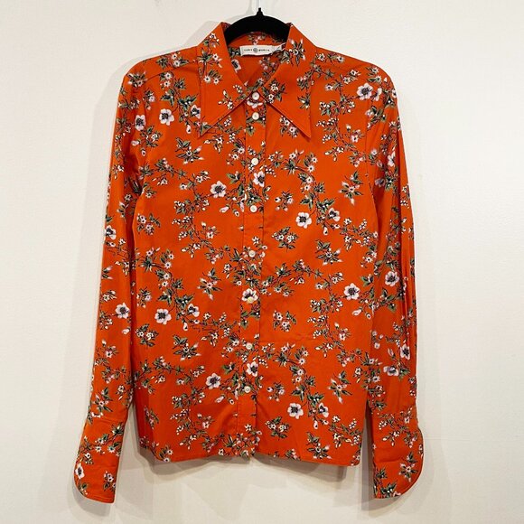 New Tory Burch Orange Floral Cotton Poplin Shirt sz 6 $228 - Picture 4 of 11